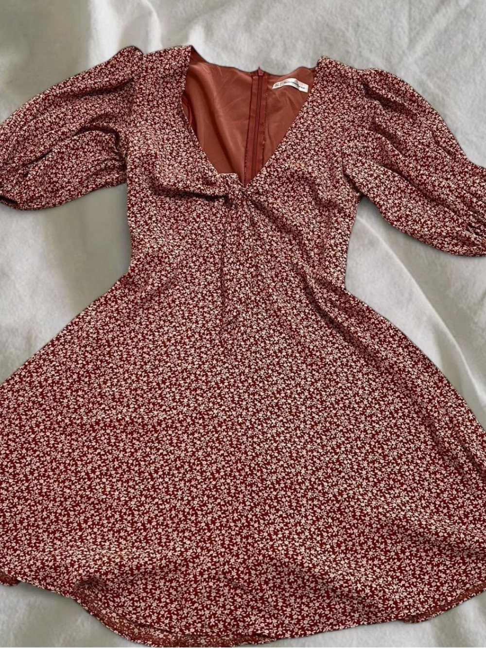 Petal & Pup Rust Floral Tie-Front Puff Sleeve Dress | Size S